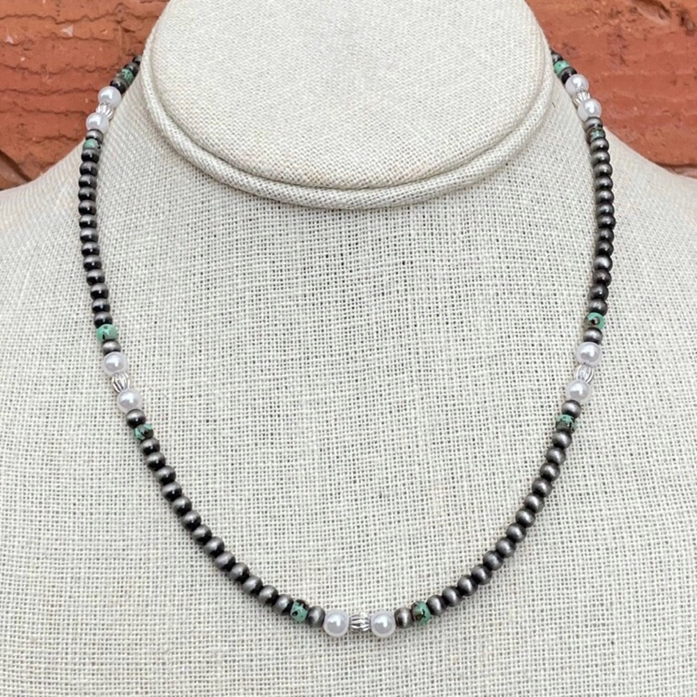 Navajo Style Pearl Necklace with Green, Brown & White